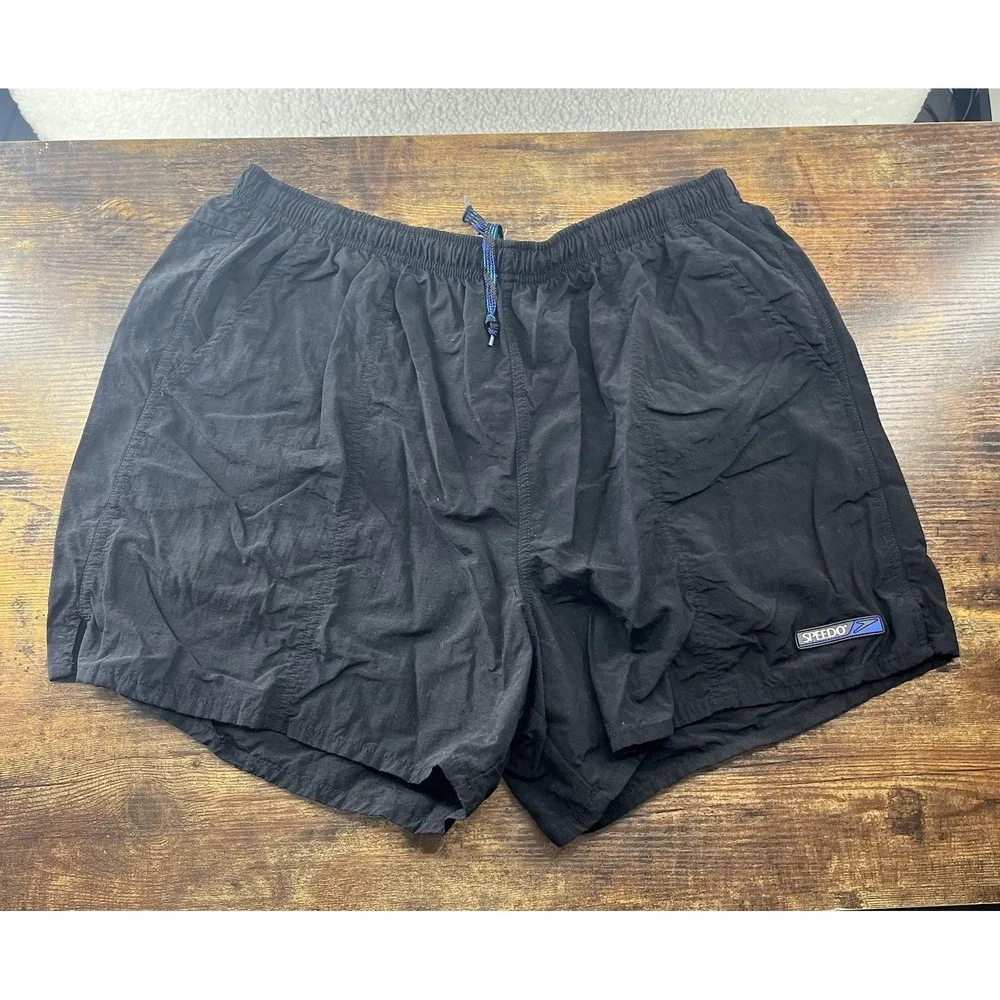 Vintage Speedo Men's Black Solid Swim Shorts XL Regular Drawstring Mesh Lined